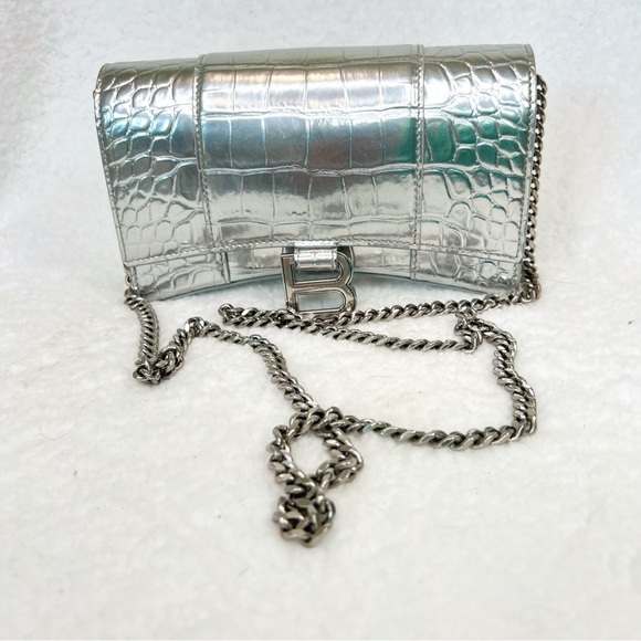 Balenciaga Handbags - Balenciaga Silver Croc-Embossed Hourglass Chain Wallet